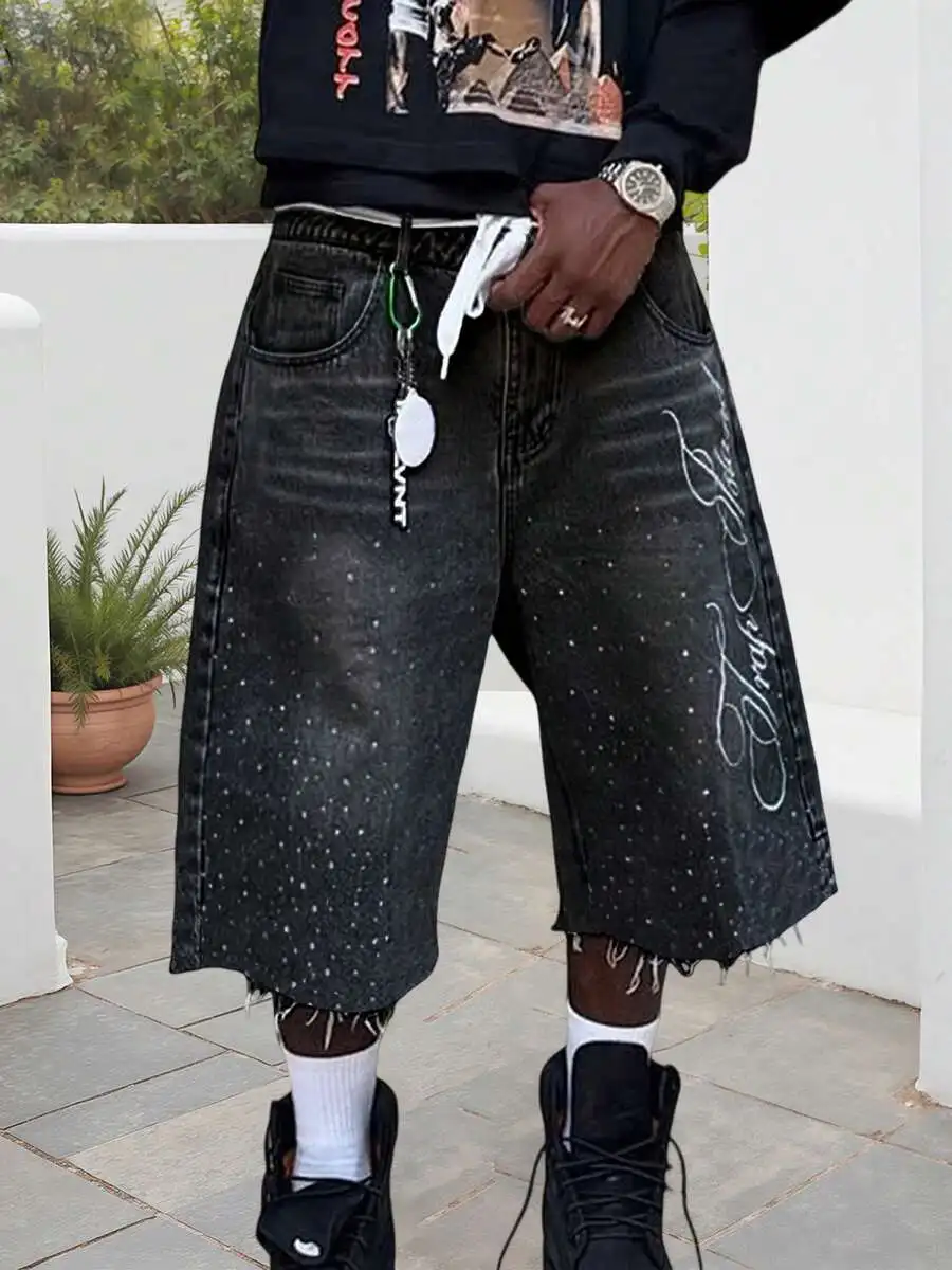 Men's Summer Casual Denim Shorts Knee Length Letter Embroidered Rhinestone Jeans Shorts