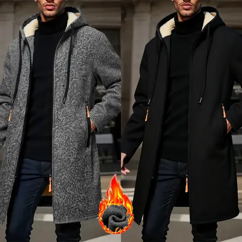 Men's Winter Warm Long Coat Zipper Jacket Zip Windbreaker Thick Fleece Windproof Overcoat Casual Contrast Color Hooded Jacket