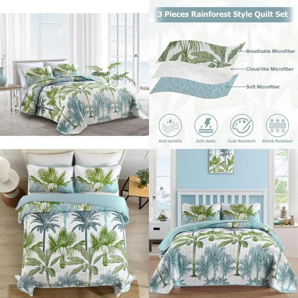 

Комплект одеял с тропическими растениями, размер Queen, 3 предмета, зеленое и синее пальмовое ботаническое покрывало, стильный комплект постельного белья в стиле дождевого ореха, Sot Lightweigh