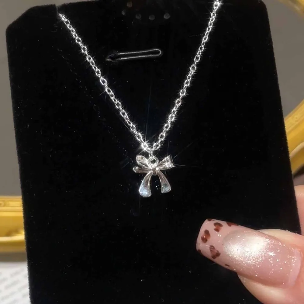 Korean Simple 925 Sterling Silver Bowknot Pendant Necklace for Women Sweet Collar Chain Valentine's Day Gift Jewelry Accessories