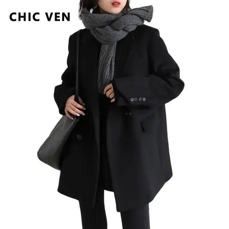 CHIC VEN Women Wool Blend Coat Solid Mid Long Woolen Blazer Thick Warm Blouse Women\'s Overcoat Office Lady Tops Autumn Winter