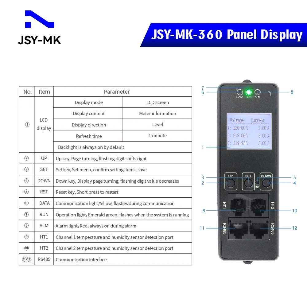 JSY-MK-360 PDU Meter Three phase 63A RS485 220V/380V 50Hz LCD Display 1U Size PDU Meter for PDU Power Distribution Unit