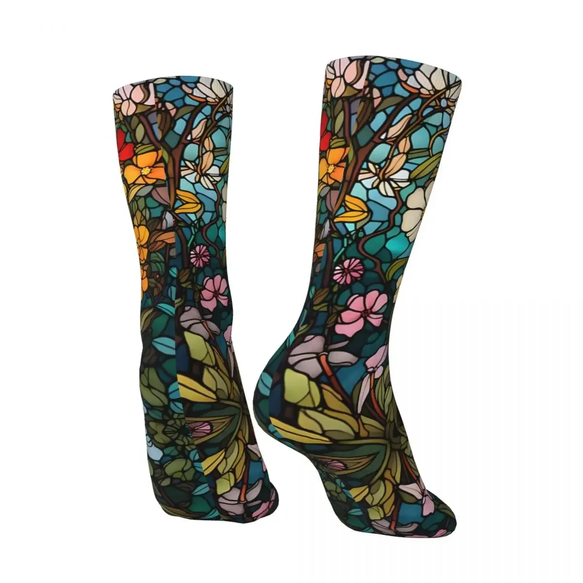 Crazy compression Floral Stained Glass Window Sock for Men Vintage Seamless Pattern Crew Sock Casual