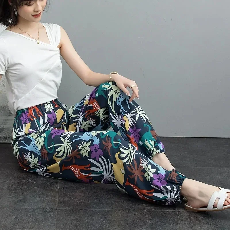 Women Cotton Silk Casual Trousers Summer Loose Pajamas Home Pants Thin Wide Leg Pants Fashion Oversize 4XL Sweatpants Female