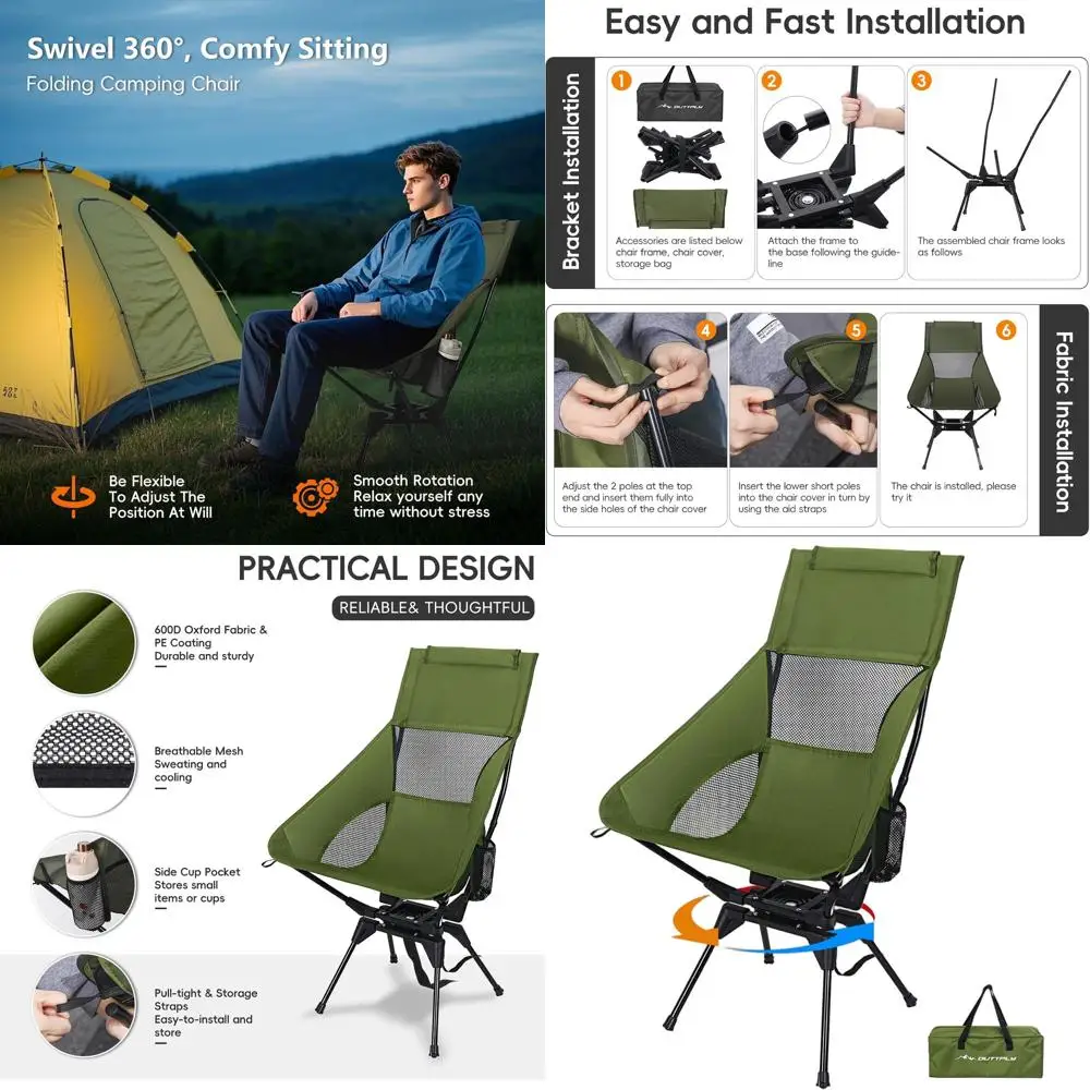 

High-Back Swivel Camping Chair with Headrest and Cup Holder - Portable for Outdoor Adventures, Beach, Hiking, and More