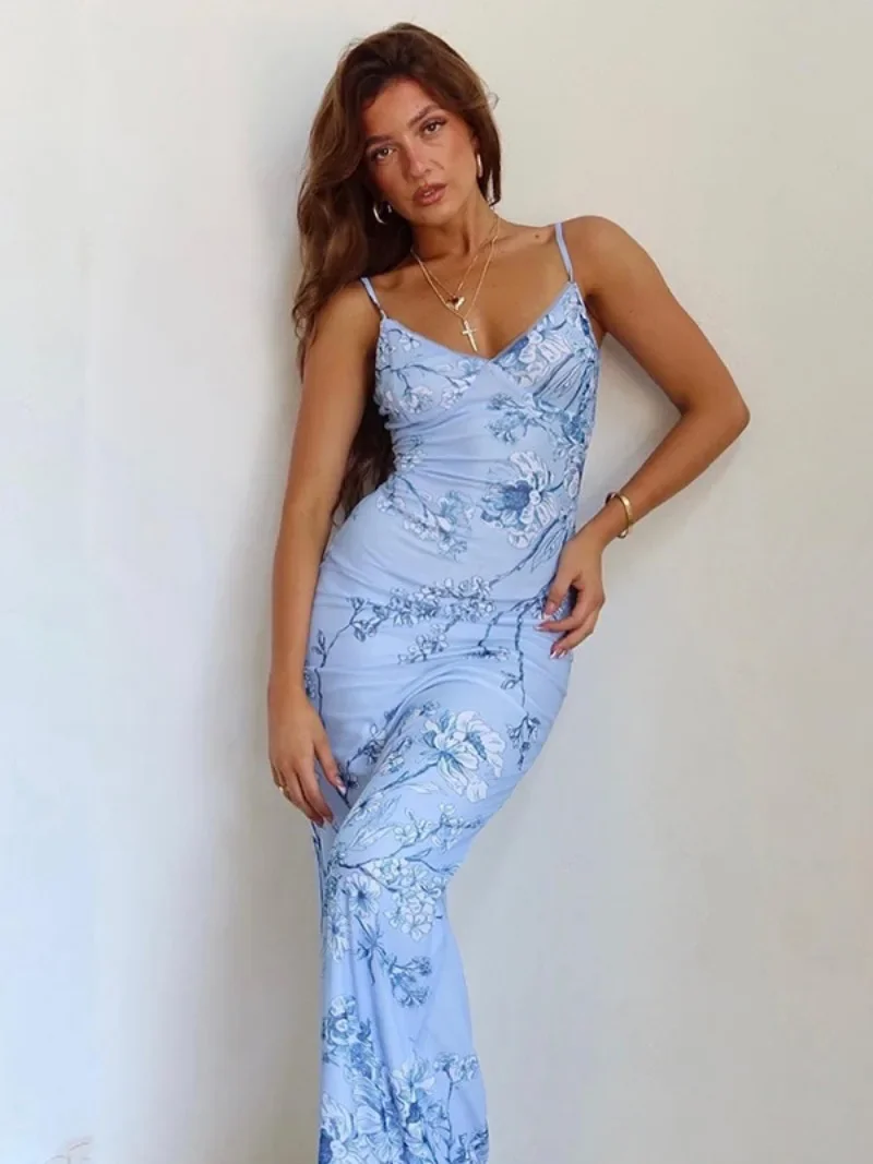 Womens Fashion Casual Sleeveless V-neck Backless Floral Print Summer Green Dress Tunics Bodycon Holiday Beach Dresses Streetwear