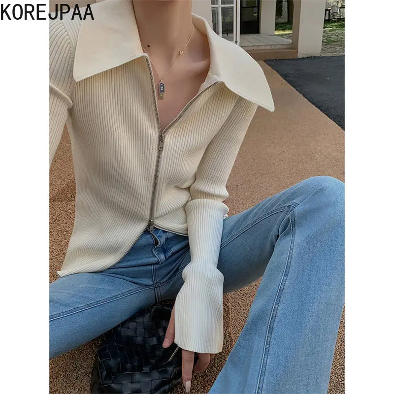 Korejpaa French Retro Cardigans Tops Elegant Turn-down Collar Double Zippers Sweater Coat Knitwear Solid Casual Slim White Tops