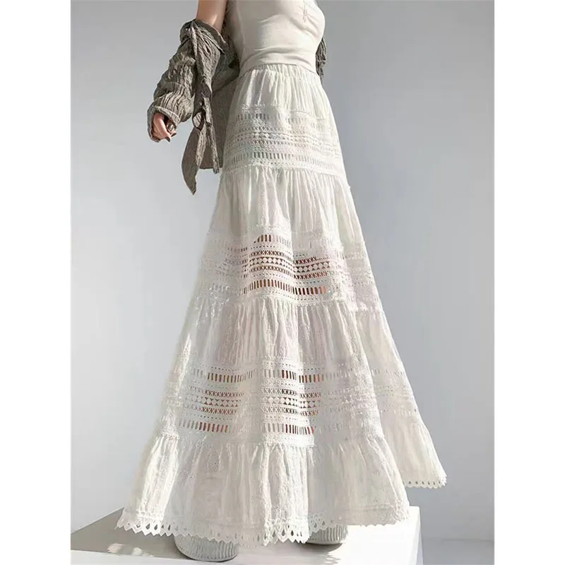 

2025 Spring Summer White Skirt Female Design Sense Openwork Lace A-Line Skirt Women's Fashion High Waist Skirt Long Skirts