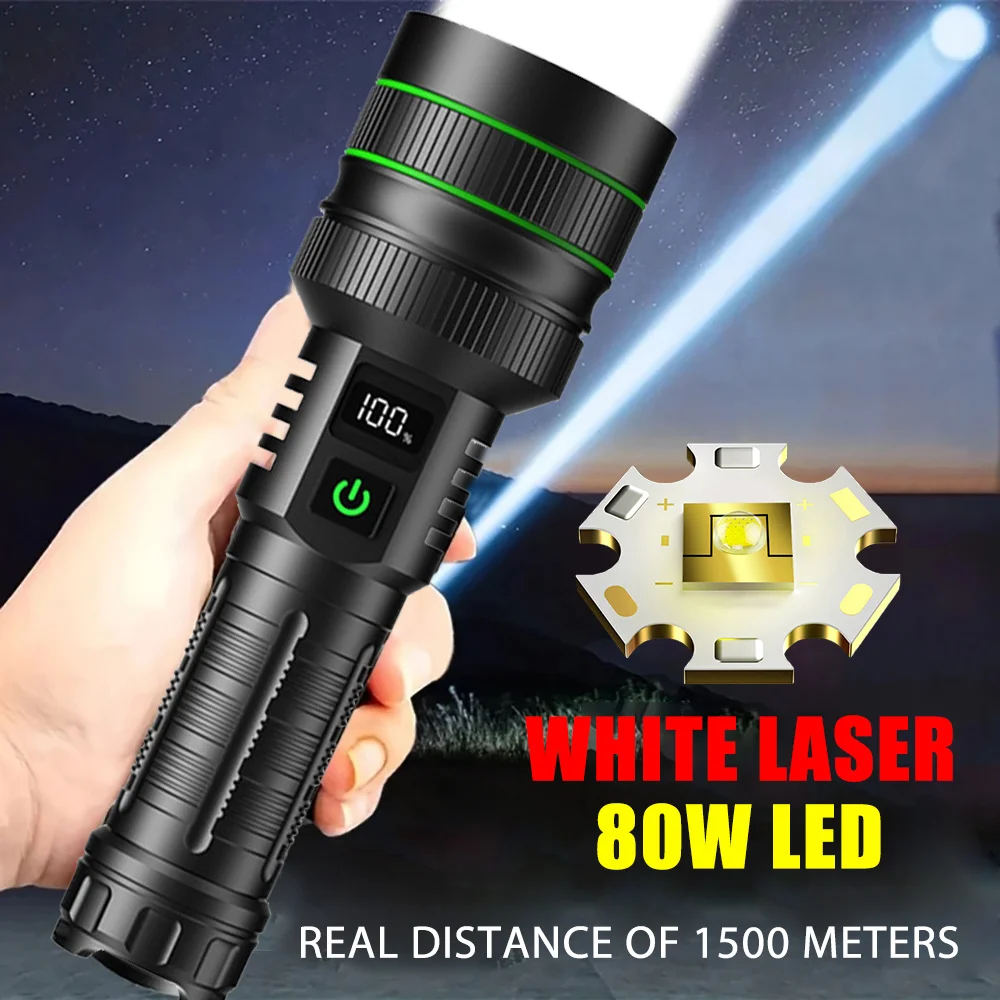 

80W Most Powerful LED Flashlight 10000LM Rechargeable Tactical Torch with Power Display 1500M Long Range Outdoor Camping Lantern