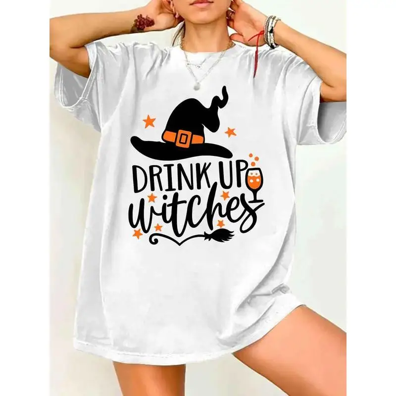 

Oversized Halloween T-Shirt Women, Funny Drink Up Witches Graphic Tee, Spooky Season Party Top, Casual Witch Hat Costume Shirt