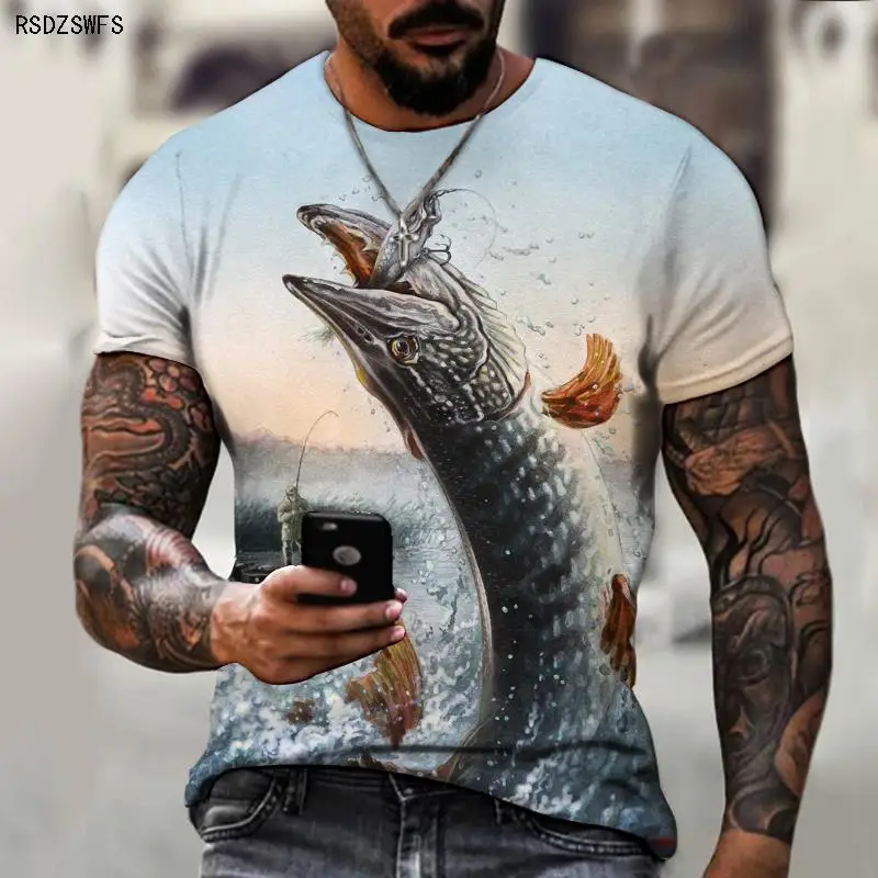 Wild Fishing 3D Printing Men\'s Round Neck T-shirt, Essential Clothing For Friends Of Fishing, Street Casual Oversize S-5XL