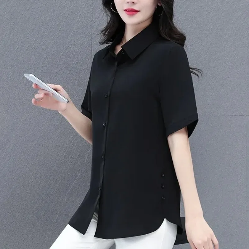 Women\'s Summer Solid Button Patchwork Short Sleeve Turn-down Collar Cardigan Shirt Coats Loose Clothing High Street Midi Tops