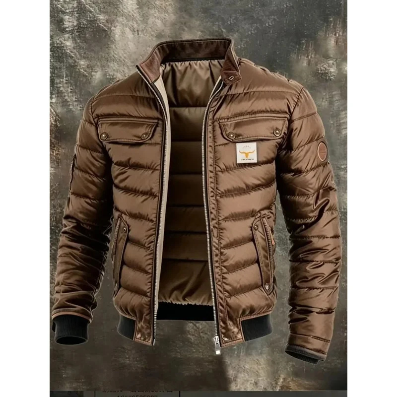 B&C Men Stand Collar Quilted Padded Jacket Vintage Contrast Trim Multi Pocket Warm Winter Casual Outerwear Coat