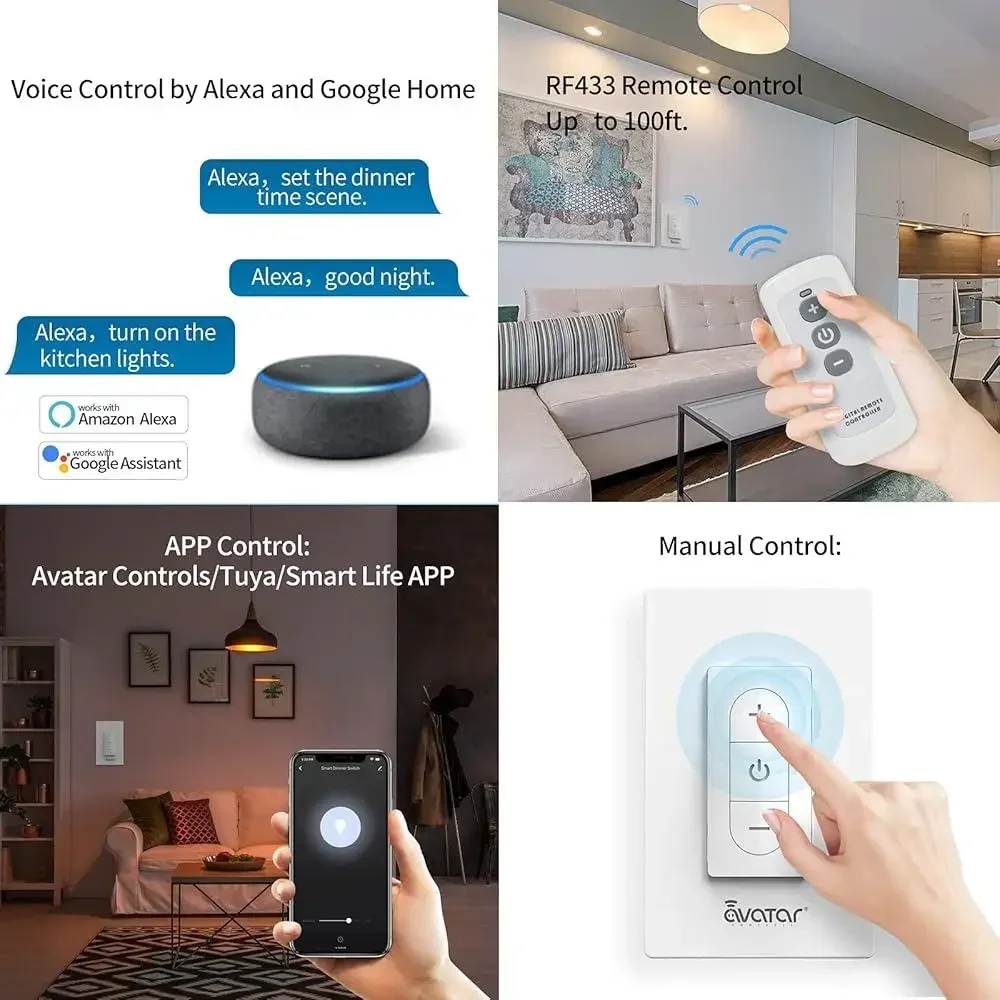 Interruptor dimmer inteligente, 2 pacotes, interruptor de luz wi-fi com controle remoto, controle de voz, compatível com alexa, google home, controle por aplicativo