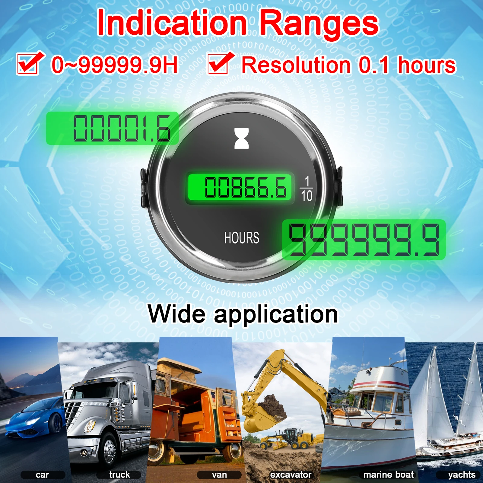 52mm Hour Meter Gauge LED Digital Car Timer 12/24V for Car Truck Marine Boat Hour Meter Hour Meter Gauge Hour Gauge Timer Gauge