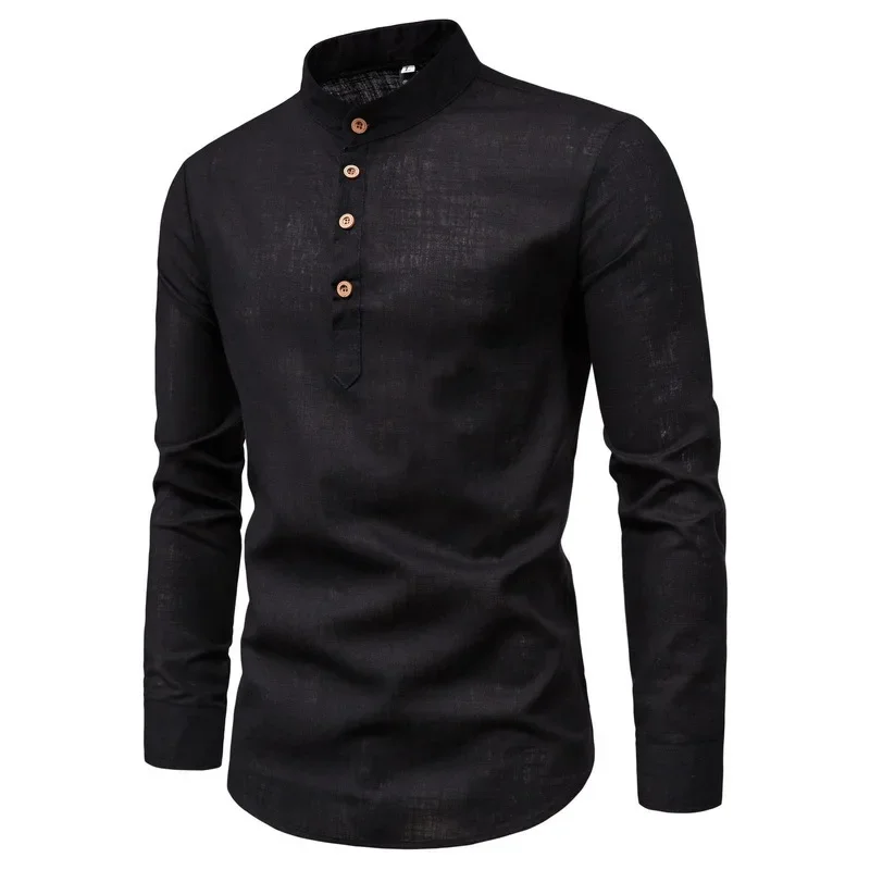 New Men's Cotton Linen Long-sleeved Shirt Solid Color Standing Collar Men's Casual Button-over Long-sleeved Shirt Men's Shirt