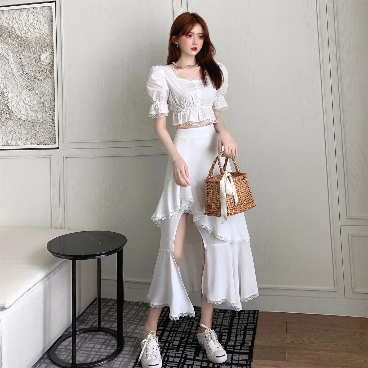 Skirts Women Solid Simple All-match Daily Lace Patchwork Designed Side-slit High Waist Korean Style Elegant Summer Girls Sweet