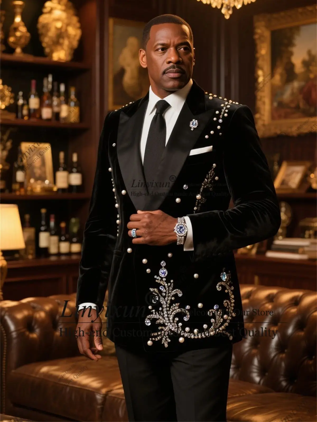 

Glitter Embroidery Rhinestone Wedding Suits For Men 2 Pieces Groom Tuxedo Peaked Lapel Male Prom Blazer Customized Costume Homme