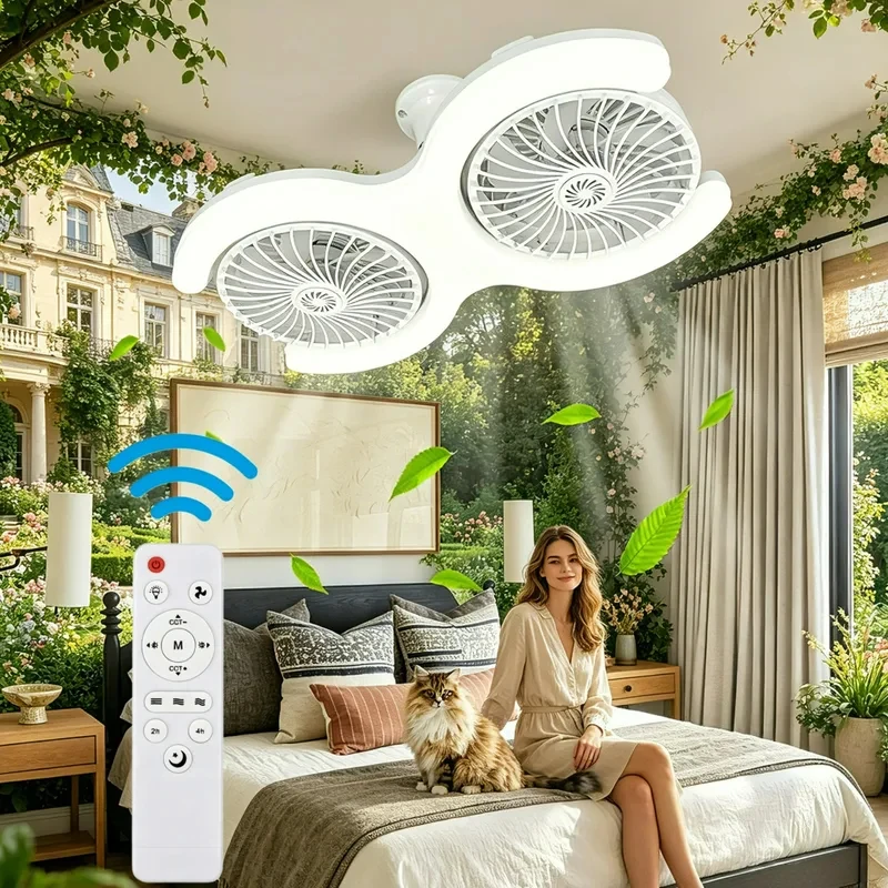 Double Head E27 Ceiling Fan Light with Remote Control Adjustable Angle and Silent Design Suitable for Bedrooms and Living Rooms