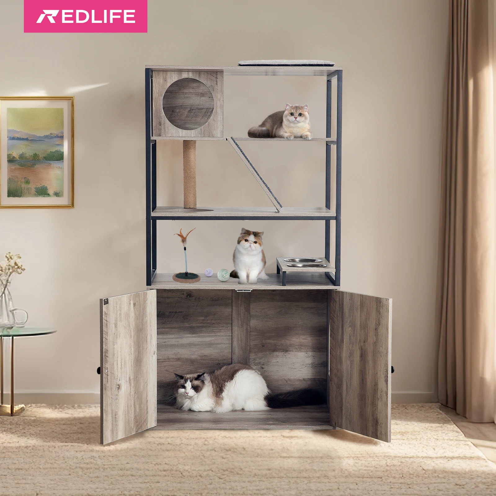 Redlife Cat Litter Box Enclosure 4 Levels Multifunctional Cat Tree Hidden Cat Furniture Cabinet w/ Storage and Scratch,Cat Condo