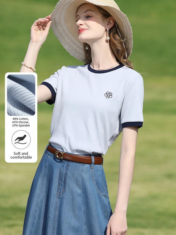 I BELIEVE YOU Women T-Shirt 2026 Summer New Slimming Blue Embroidered Color Blocking O-Neck Stretch Knit Short Sleeve 2252015972