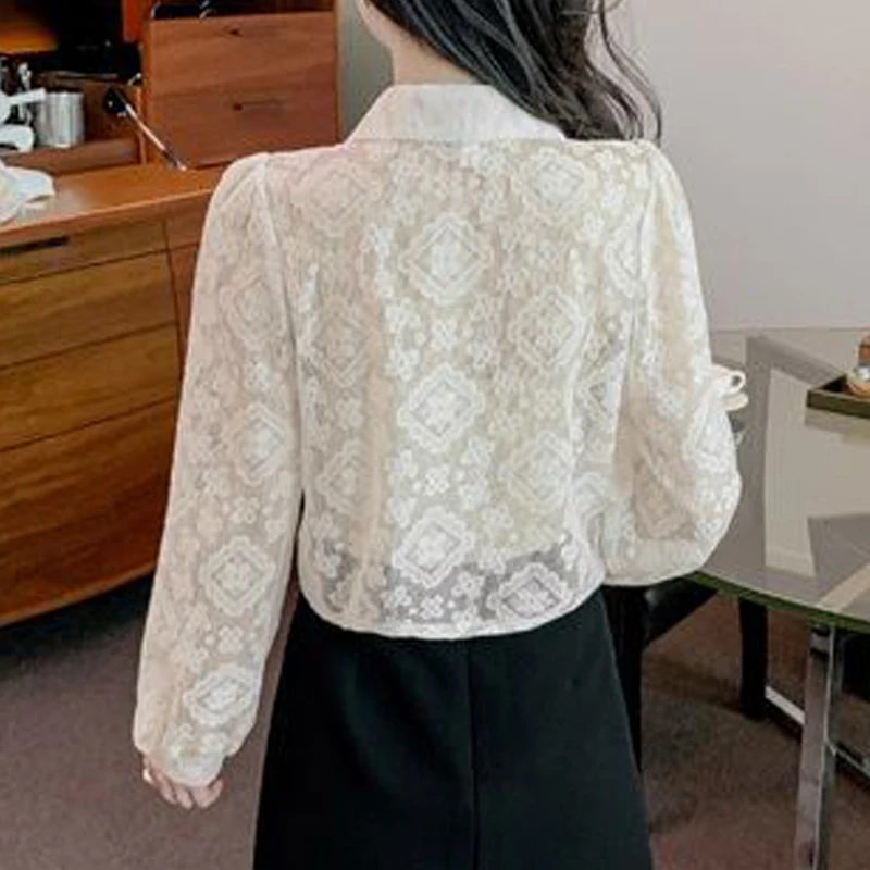 Women Fashion Vintage Hollow Lace Sweet Kawaii Fairy Shirts Elegant Chic Long Sleeve Blouses Casual Solid Loose Tops Blusa Mujer