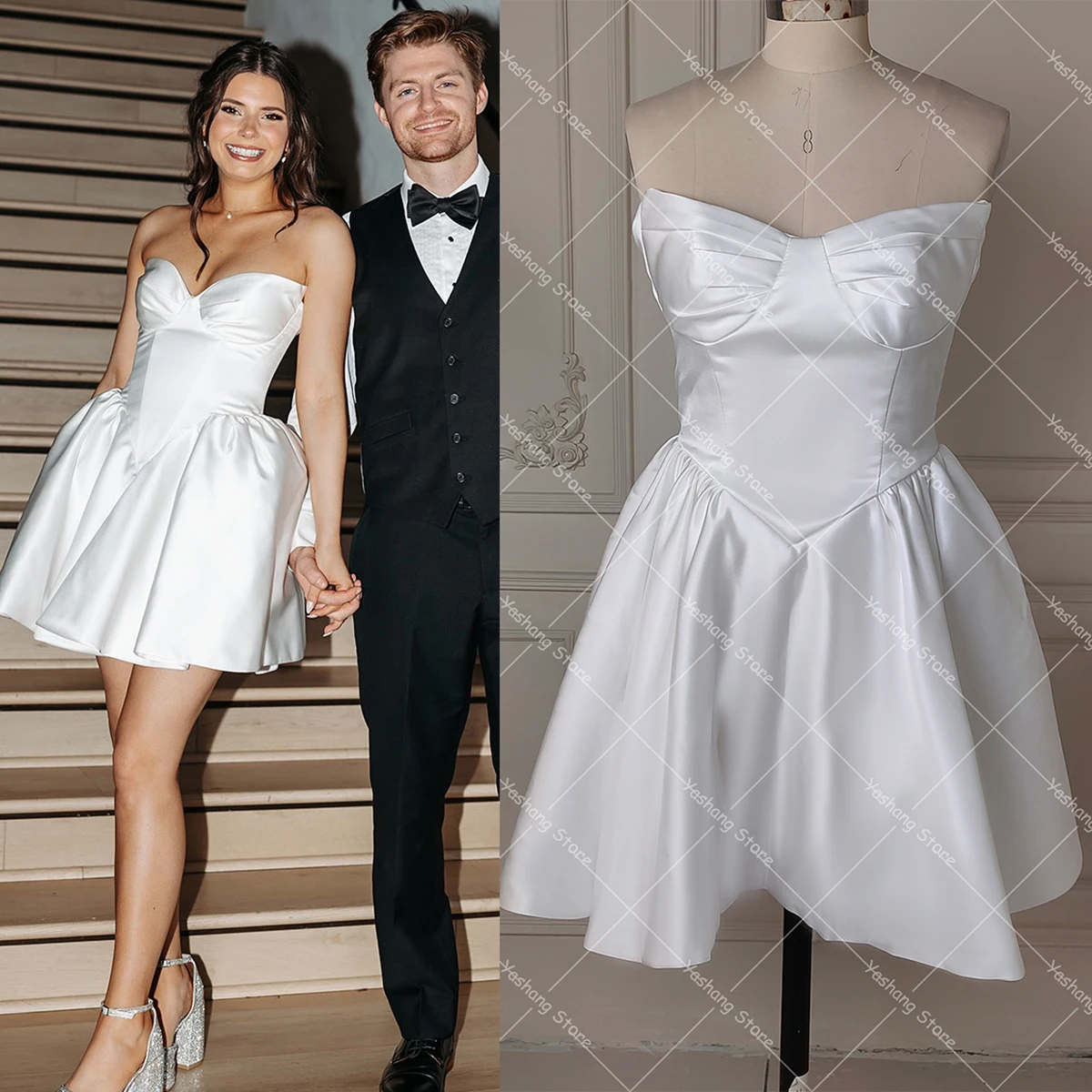 Simple Chic Mini Mikado Satin Wedding Dress With Corset Closure Drop V Waistline Above Knee Real Pictures Customized Bridal Gown
