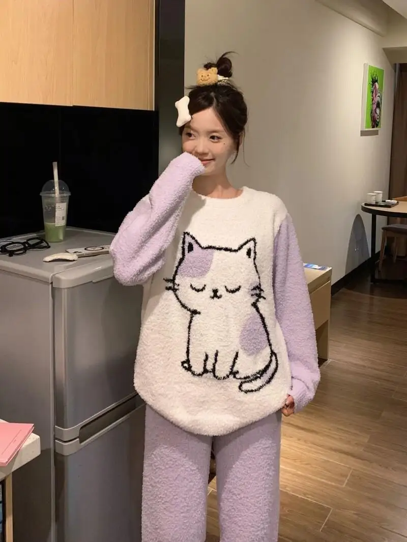 

Korean version Women's pajamas cute half-pile winter thicken plush keep warm round neck long sleeves homewear two-piece set
