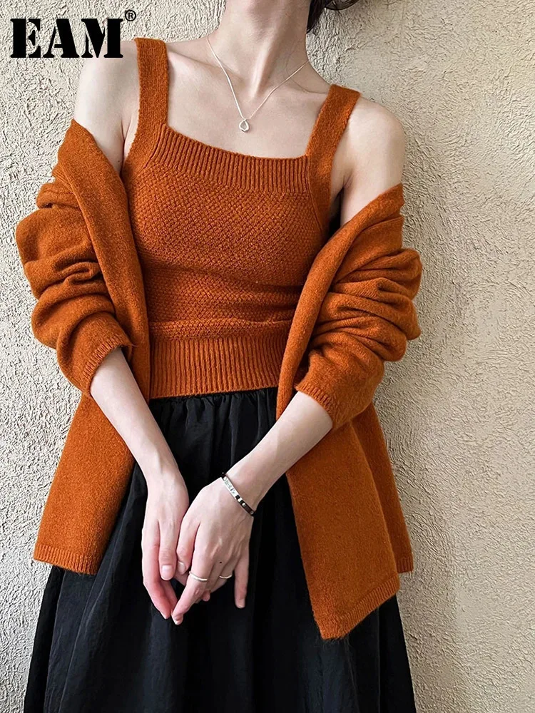 [EAM] Orange Green Elegant Knitting Cardigan Sweater V-Neck Long Sleeve Women New Fashion Tide Spring Autumn 2024 1DH6775