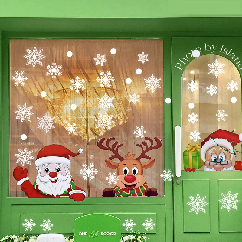 Christmas Window Stickers Glass Door Wall Sticker Santa Claus Elk Snowflake Pattern Xmas Decals Christmas Store Home Decoration