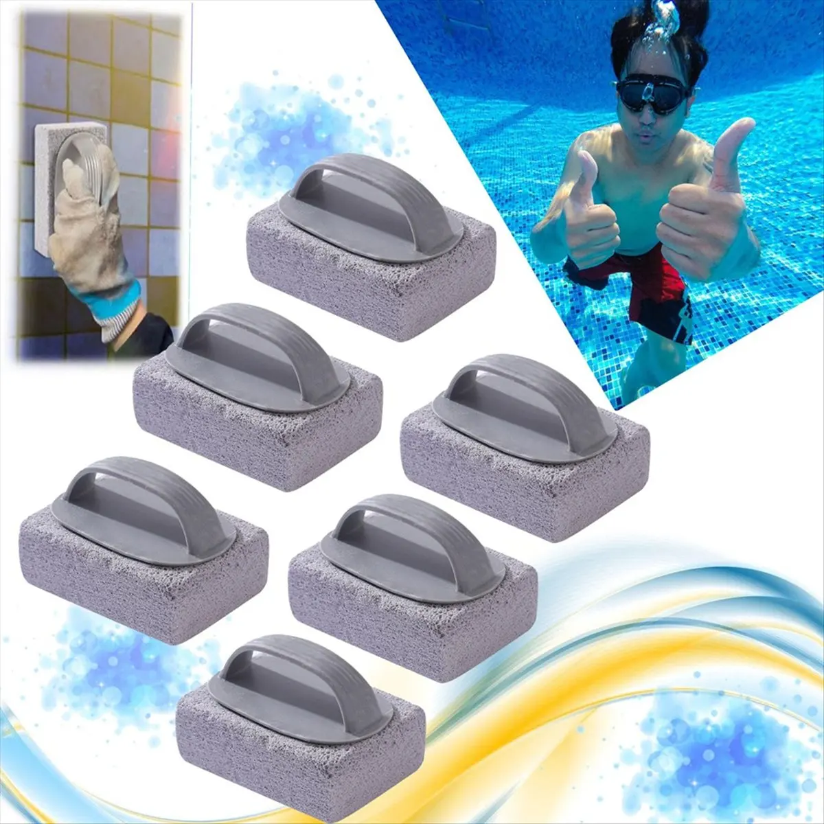 A75K 6PCS Pool Clean Block with Handle Swimming Pumice Pool Tile Stone Scrubbing Scouring Stone for Swimming Pools Cleaning