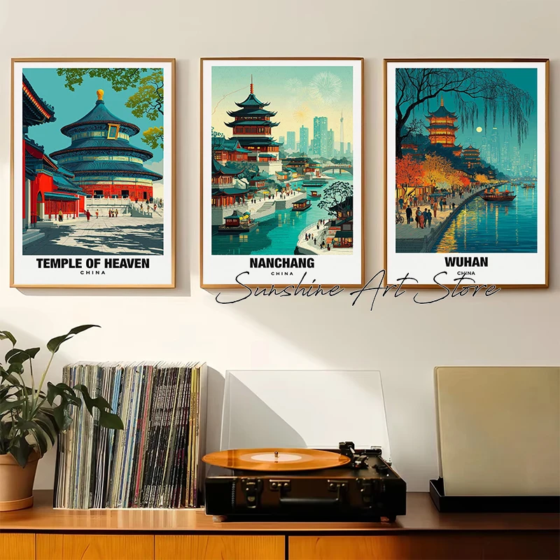 China Big City Traveling Urban Scene Famous Local Landscape Beijing Hangzhou Dali Poster Canvas Painting Wall Picture Home Decor