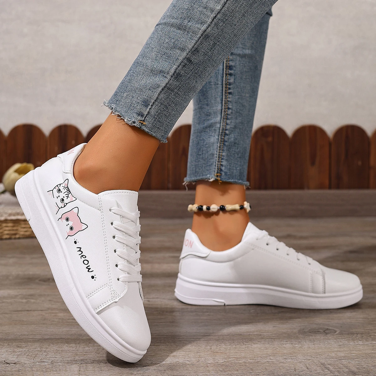 Women Sneakers Fashion Breathble Vulcanized Shoes Fashion Cute Cat Cartoon Lace Up Casual White Women‘s Shoes - view 5