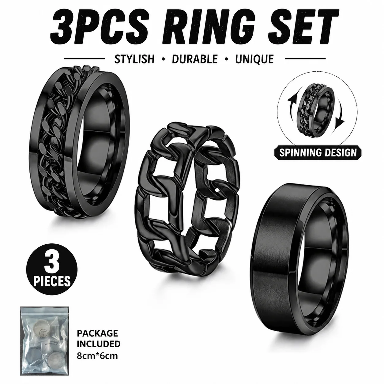 3Pcs Stainless Steel Spinner Rings for Men Women, Rotating Fidget Rings Chain Design, Fashion Couple Jewelry Gift