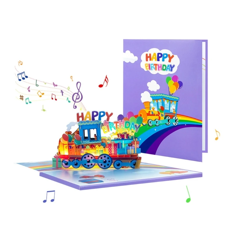 Unique 3D Light Up Rainbow Train Greeting Card with Music Foldable Surprise Card