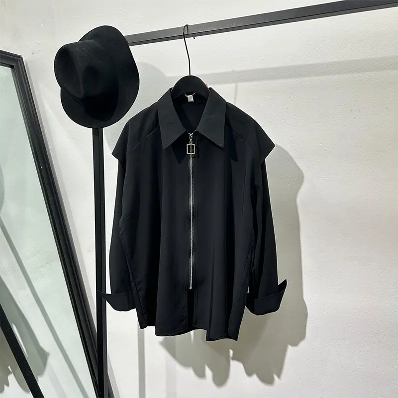 Designer Design Sense Fashionable Fake Two Pieces Overalls Long Sleeve Shirt Pu Shuai Retro Simple Solid Color