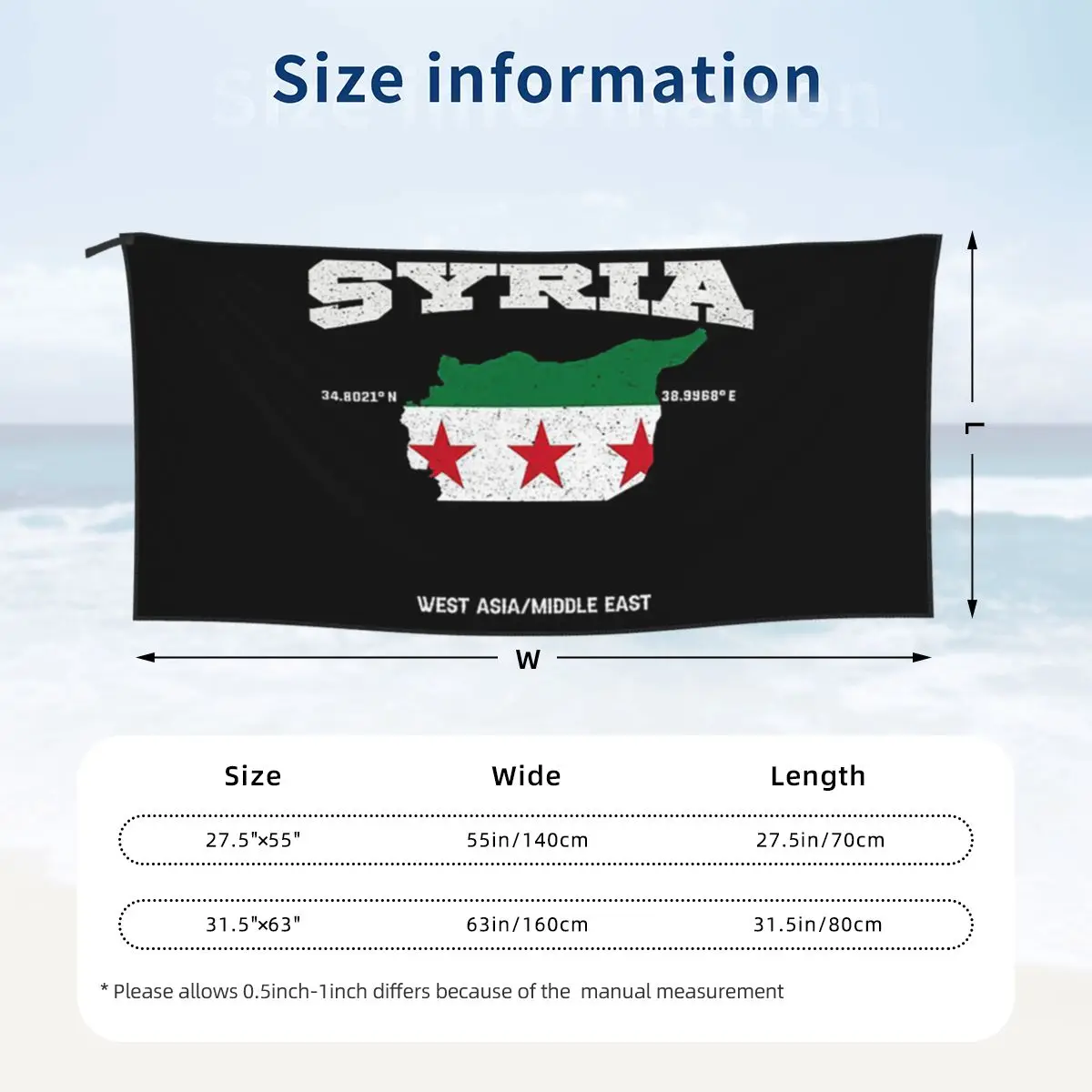 Syrian Flag Map Syria Coordinates Syria Localisation Beach Towel Soft Microfiber Quick Dry Absorbent Quick Towels For Yoga