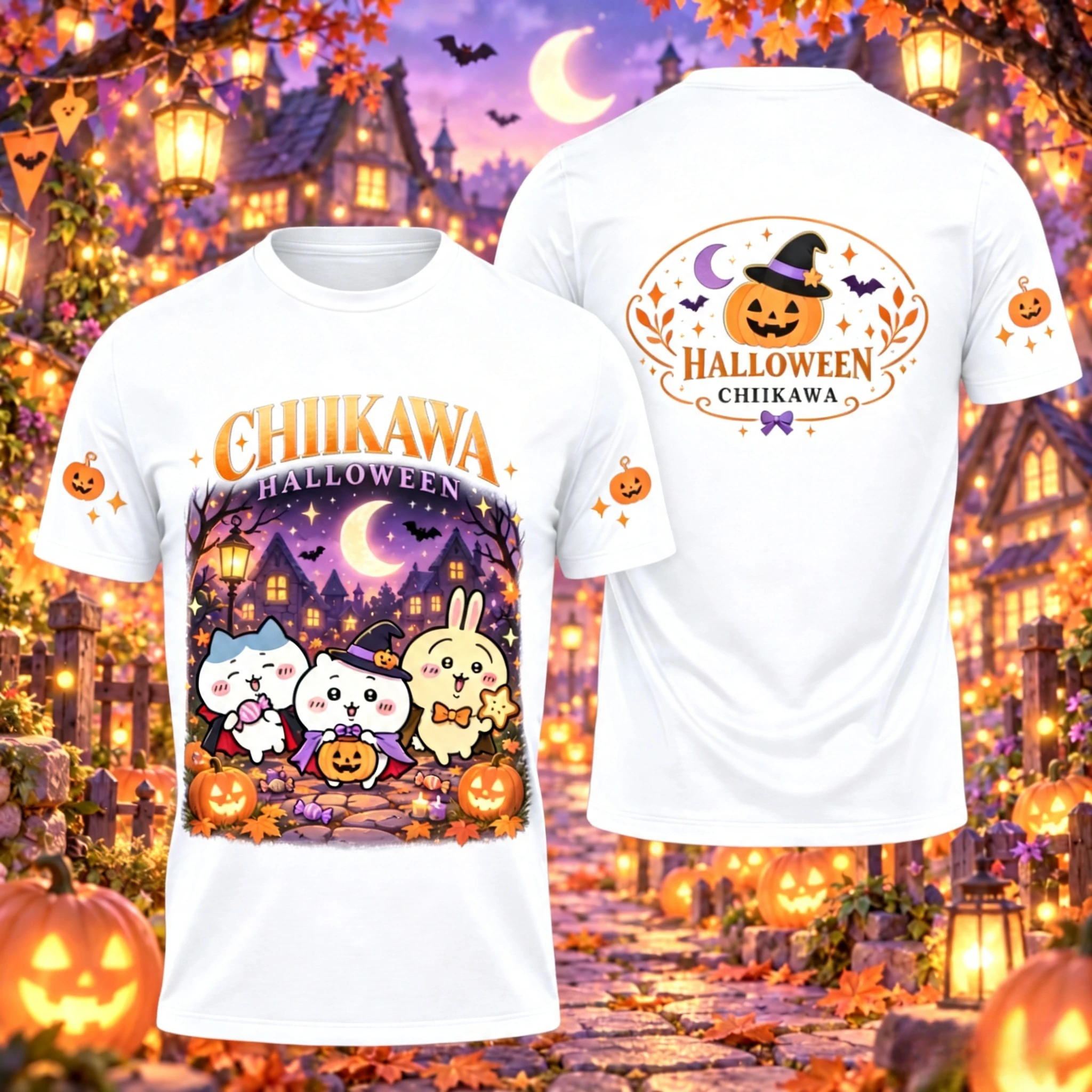 Chiikawa Halloween Graphic T-Shirt Cute Hachiware Usagi Momonga Pumpkin Witch Print Tee Kawaii Anime Fan Women and Kids T Shirt