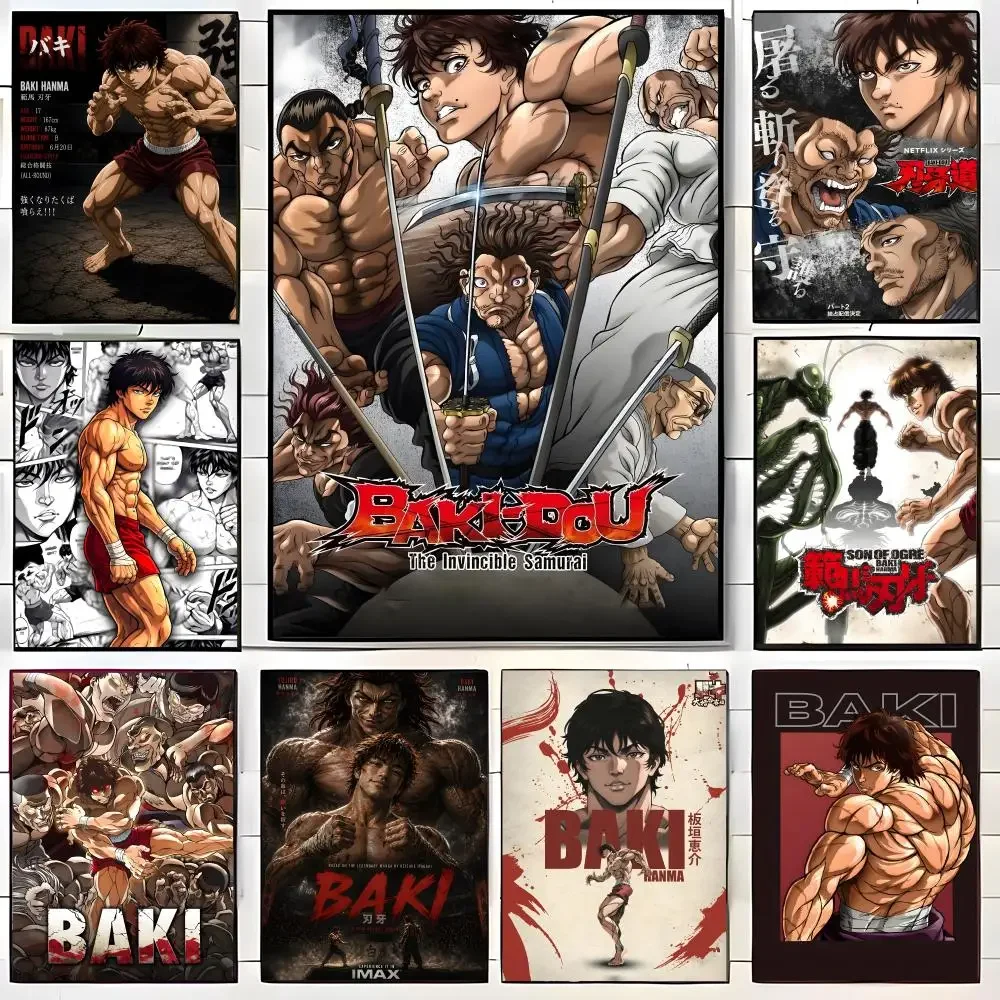 Cartoon B-Baki Hanma Poster Self-adhesive Art Waterproof Paper Sticker Coffee House Bar Room Wall Decor