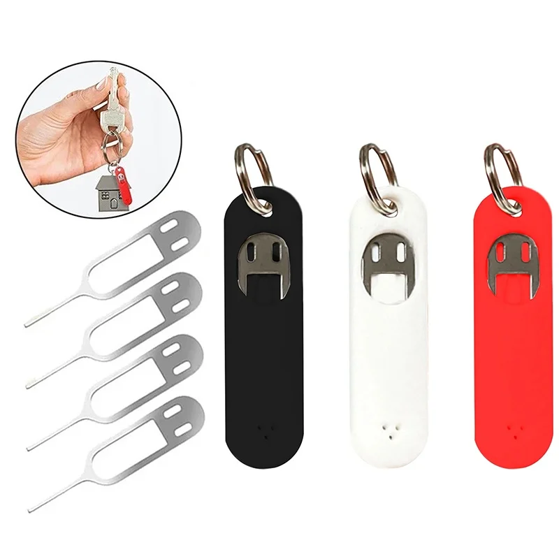 1-5Pcs Silicone SIM Card Fetchers Portable Keychain Mobile Phone Tablet Stainless Steel Removal Needle Thimble Anti-lost Keyring