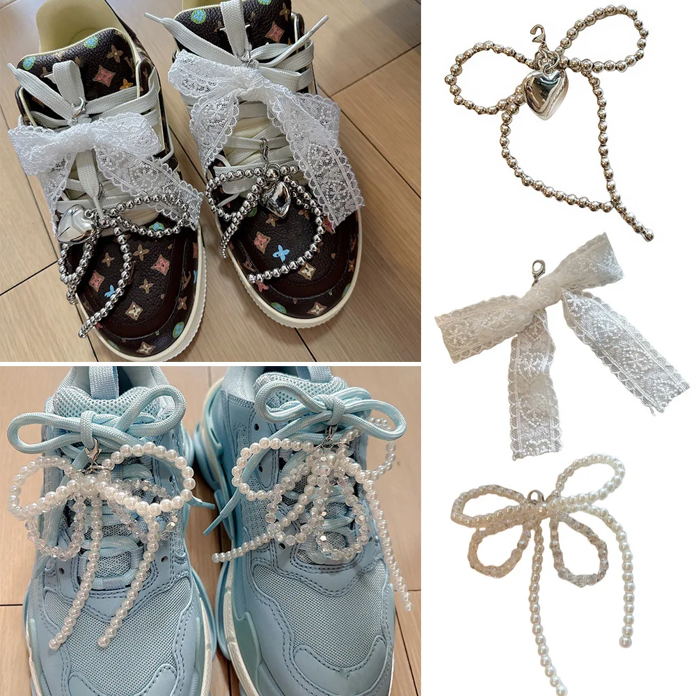 1PC Handmade Shoes Clip Lace Bowknot Charm Shoe Buckle Decoration Y2k Sweet Pearl Sneaker Ornament Bag Pendant  Accessories