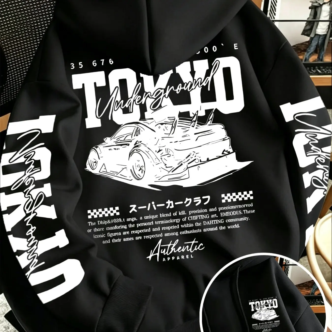 Herren JDM Racing Car Hoodie Tokyo Underground Japanische Streetwear Doppelseitiger Rücken- und Ärmeldruck Oversized Pullover Sweatshirt – Detail 5