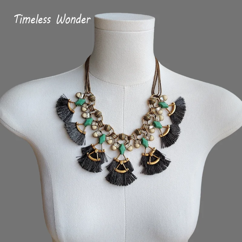 

Timeless Wonder Retro Faux Stone Geo Tassel Pave Necklace for Women Designer Jewelry Runway Trendy Art Deco Vintage Sweet 4426
