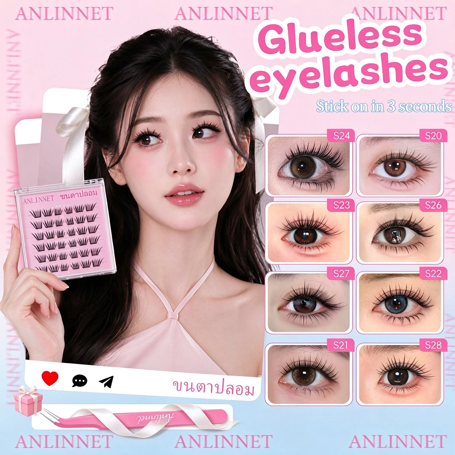6 Rows Self-Adhesive Cluster Lashes, No Glue Individual False Eyelashes for Women, Wedding Dance Fashion Show Daily Makeup