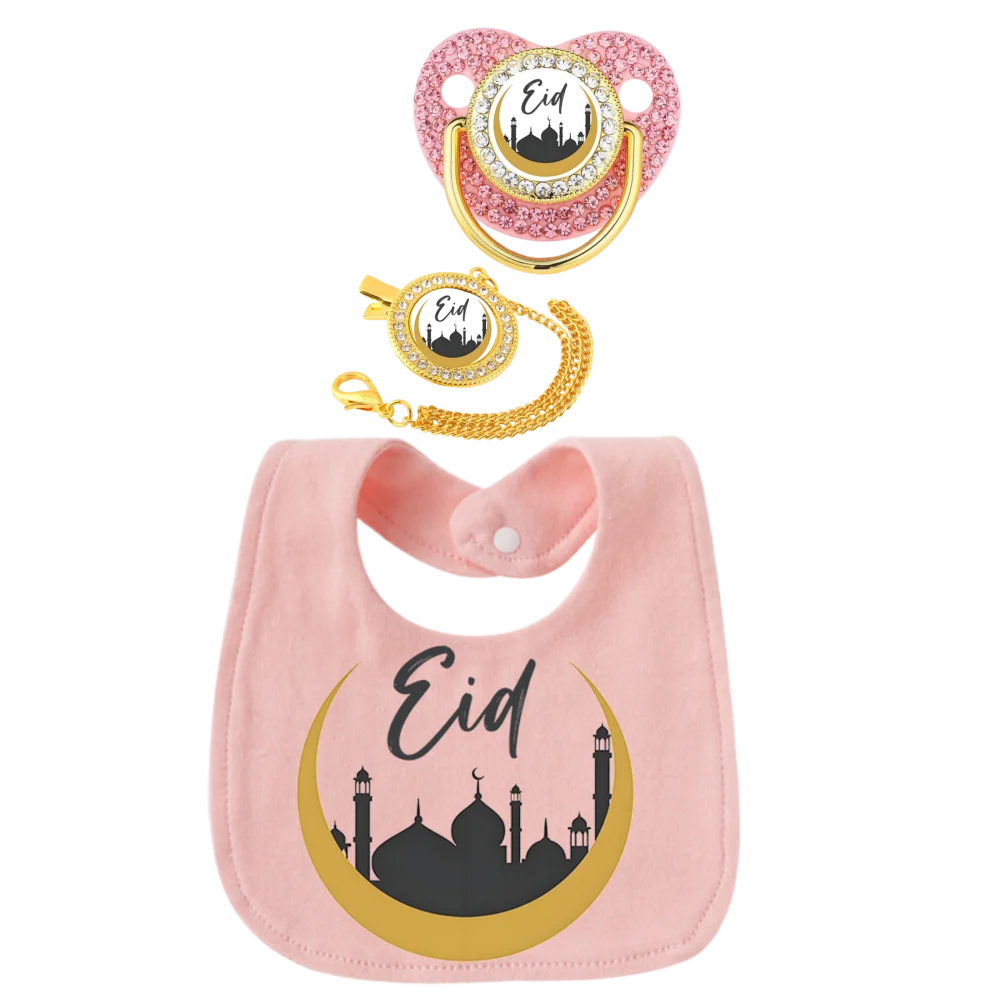 Islamic Arabic Print Newborn Pacifier Baby Safety Chain Clip Toddler Bib 3 Piece Set Muslim Soother Dummy Silicone BPA Free