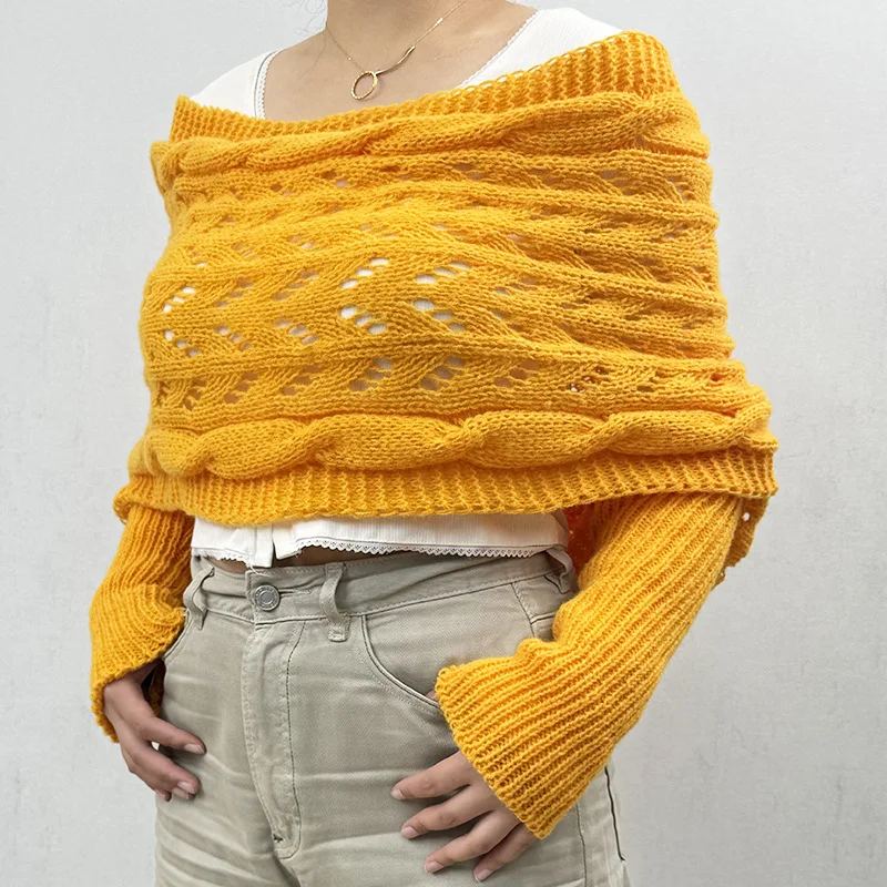 

2025 Autumn And Winter New Versatile Sweater Shawl Fashionable Solid Color Double-sleeved Loose Knitted Shawl Casual Warmth