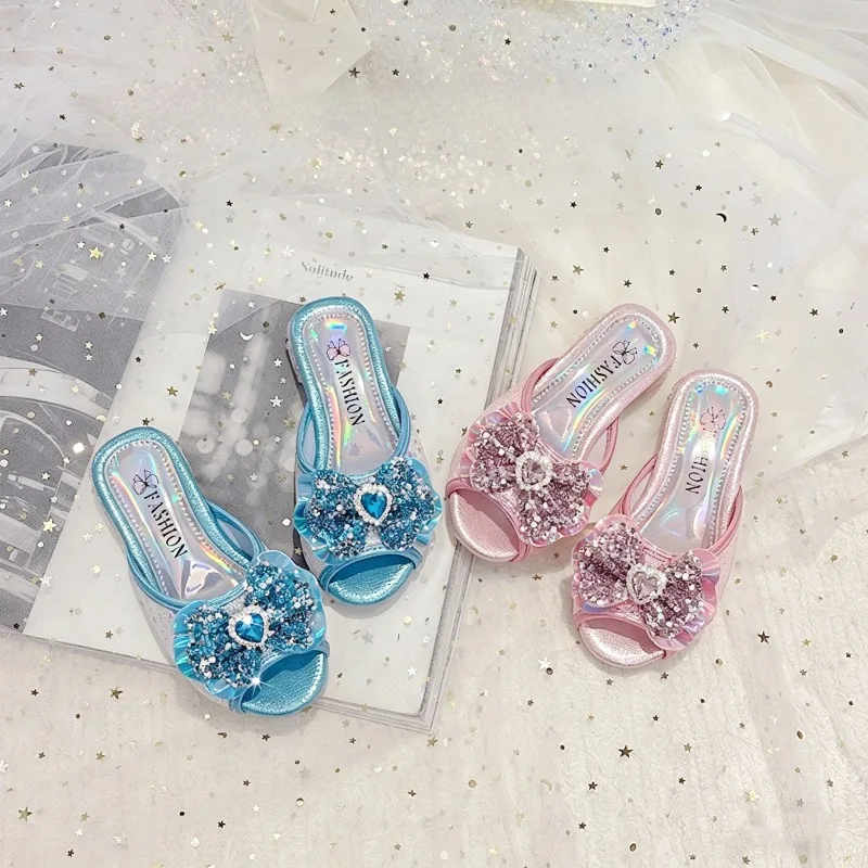 Children's Outdoor Slippers New Sequins Girls Slip-on High-heels Princess Bow Open-toe Kids Causal Dress Slippers Wedding Party
