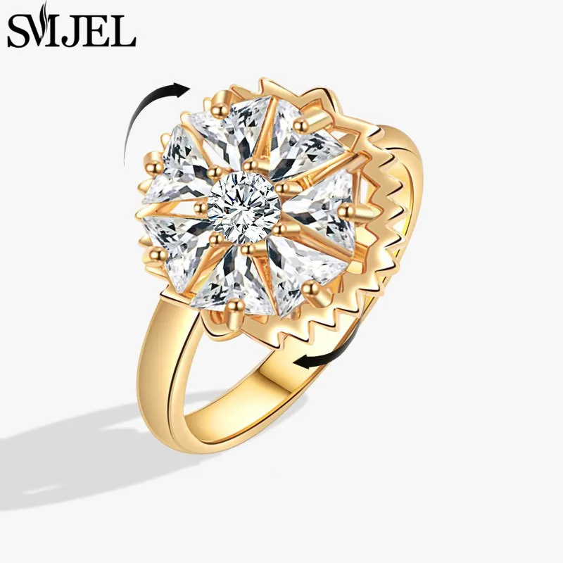 SMJEL Luxuriöse Kristall-Angstlöse-Drehringe für Frauen, niedlicher Sakura-Gänseblümchen-Rosen-Blumen-Drehring, Anti-Stress-Geschenk