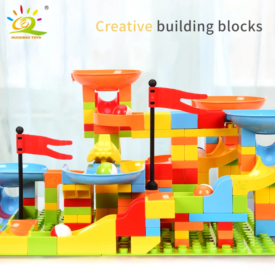 HUIQIBAO 40-201PCS Marble Race Run Large Building Blocks Funnel Slide Compatible City Big Bricks MOC STEM Toys For Children Kids