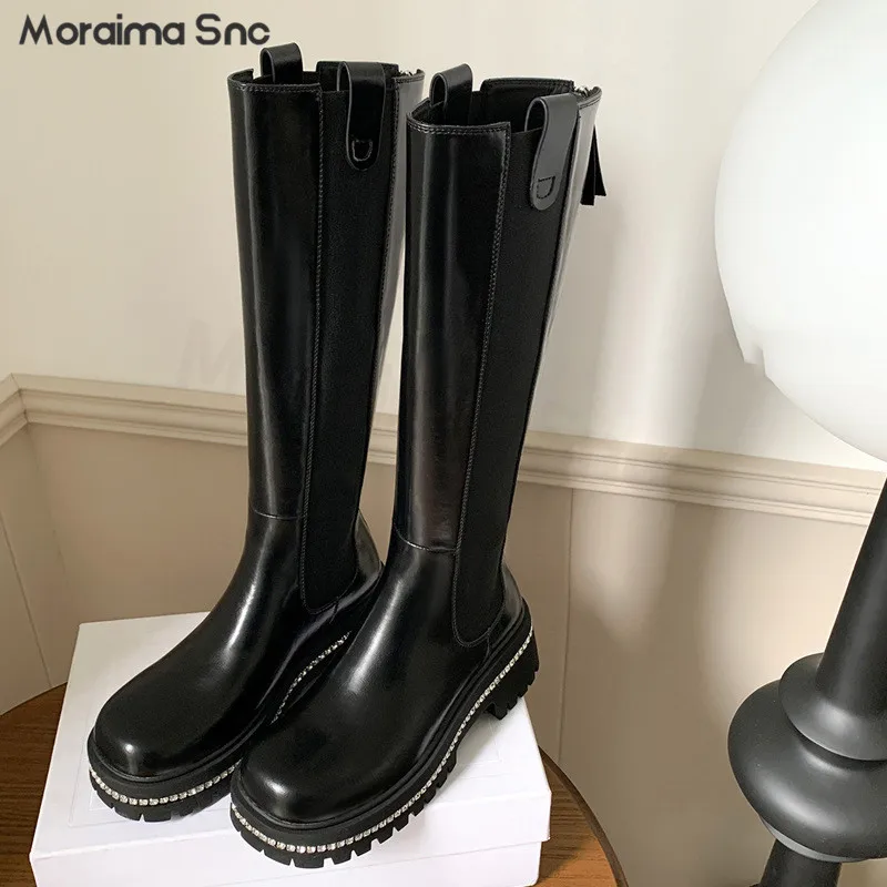 

Rhinestone Edge Platform Boots Round Toe Thick Heel Black Knee-High Boots Commuting Casual Daily Large Size Women's Knight Boots